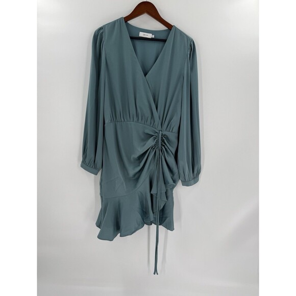 Greylin Joanne Ruched Detail Satin Dress in Misty Blue Size Large - Picture 6 of 11